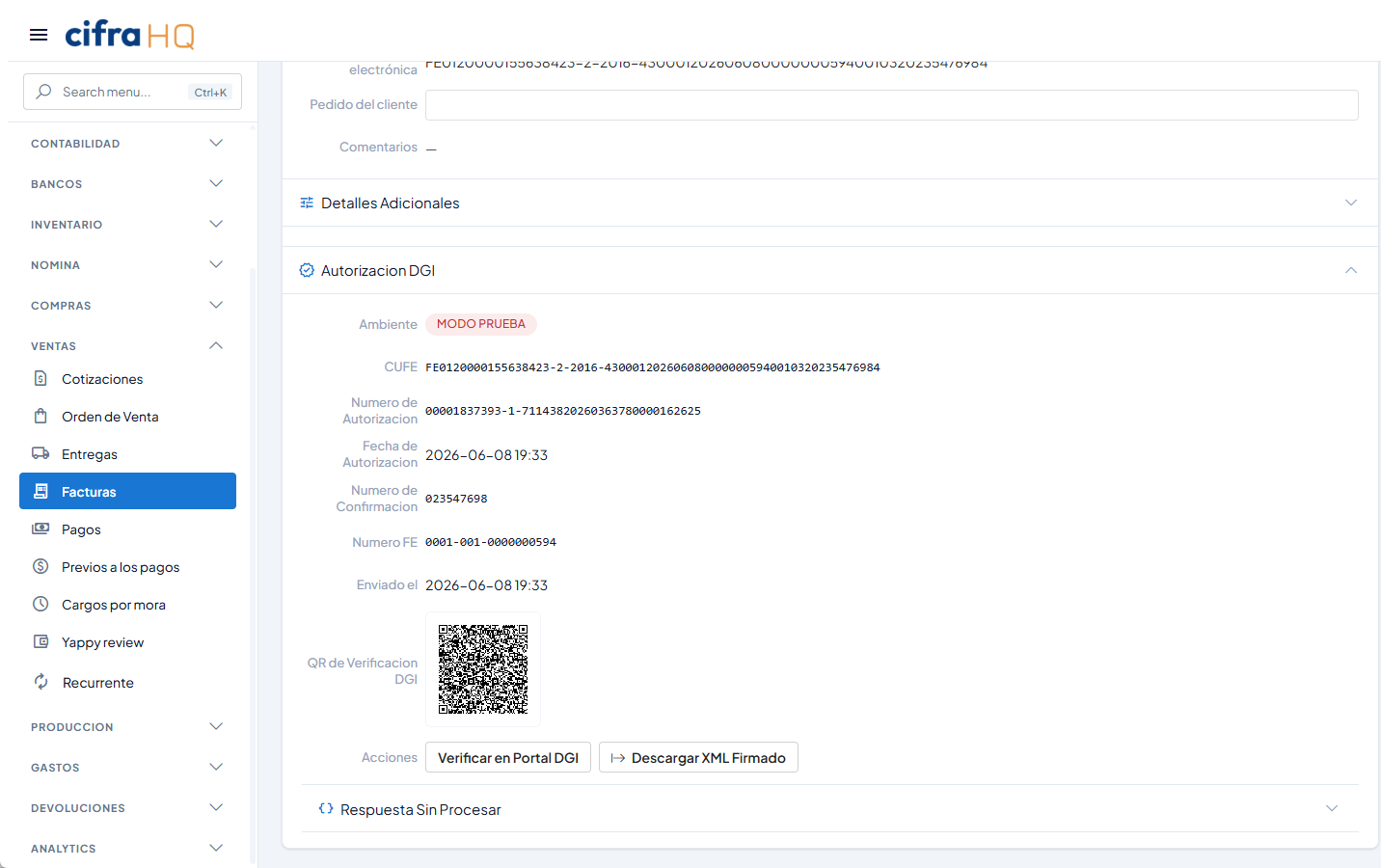 DGI authorization panel on a cifraHQ invoice: CUFE, authorization number, date, verification QR, and Verify at DGI Portal and Download Signed XML buttons