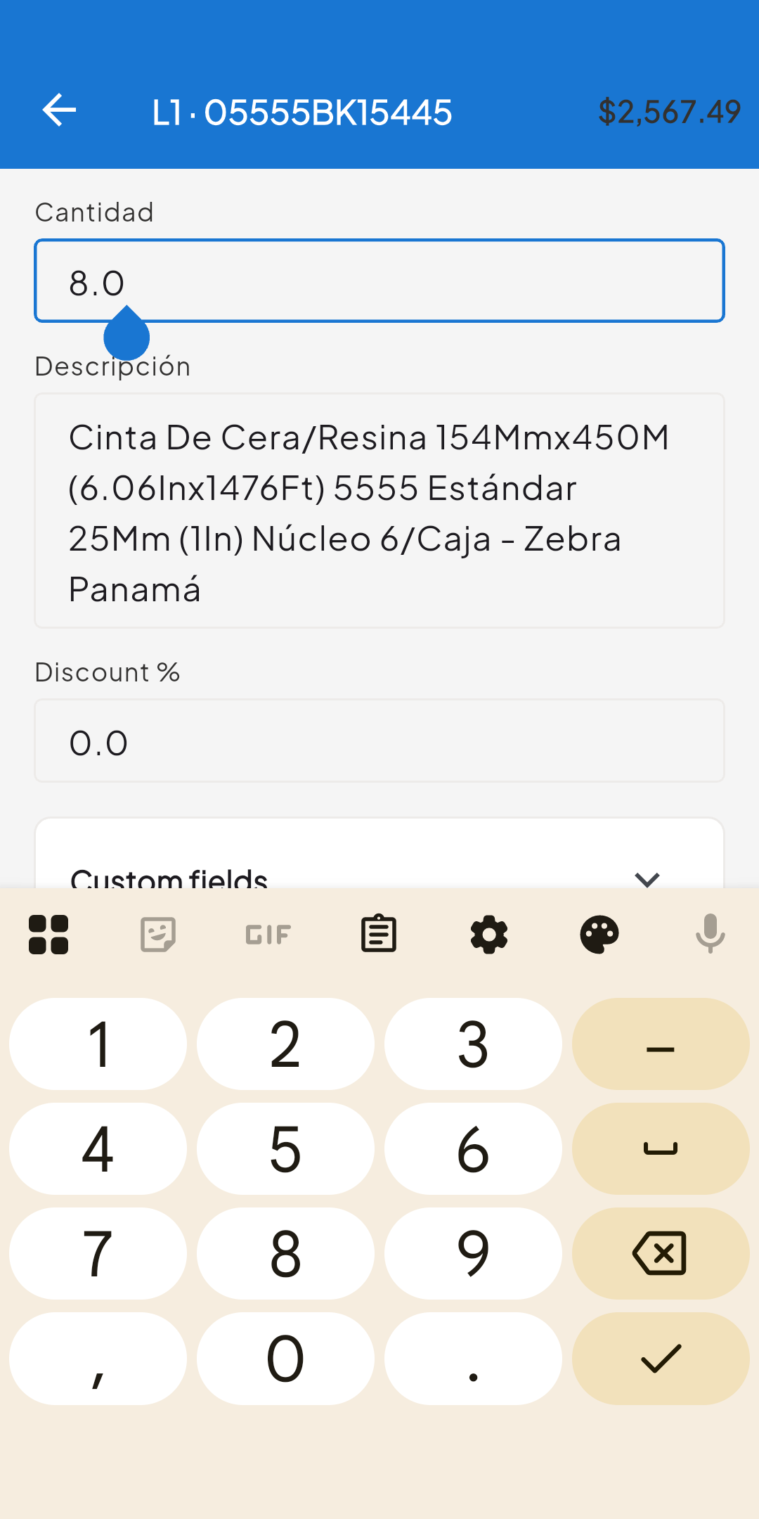 Line item quantity entry with optimized numeric keypad in cifraHQ Mobile