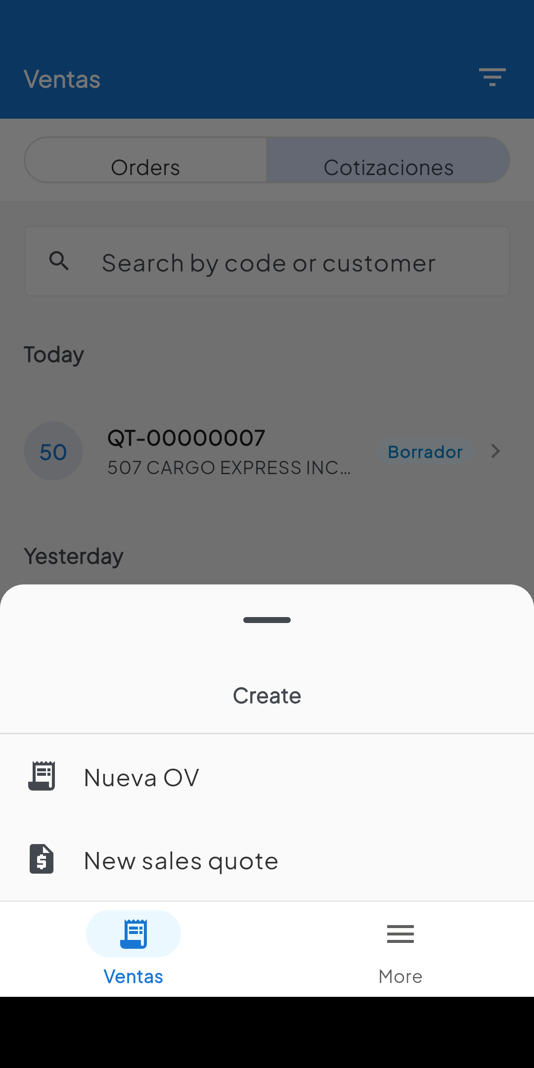 Quote list and quick-create menu in cifraHQ Mobile