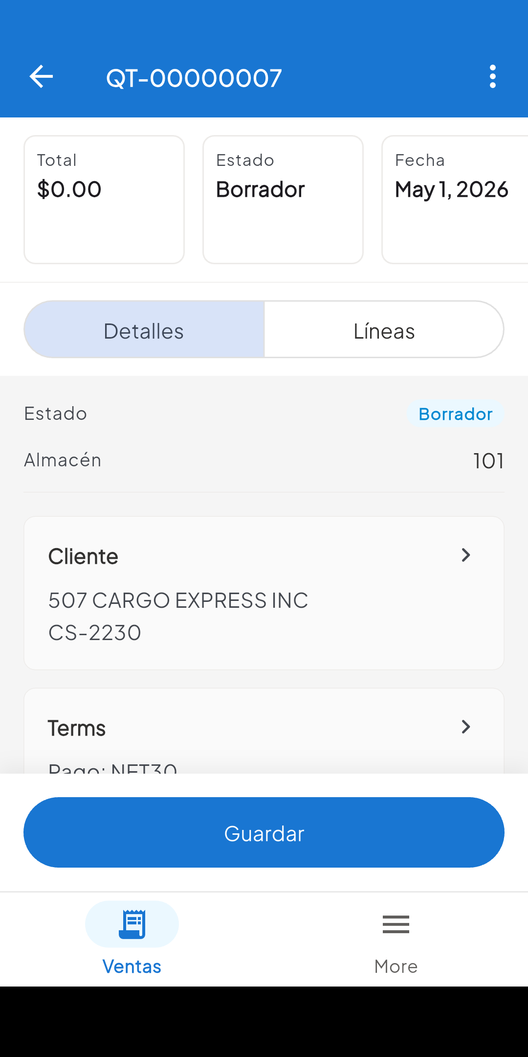 Quote detail with customer, warehouse and terms in cifraHQ Mobile