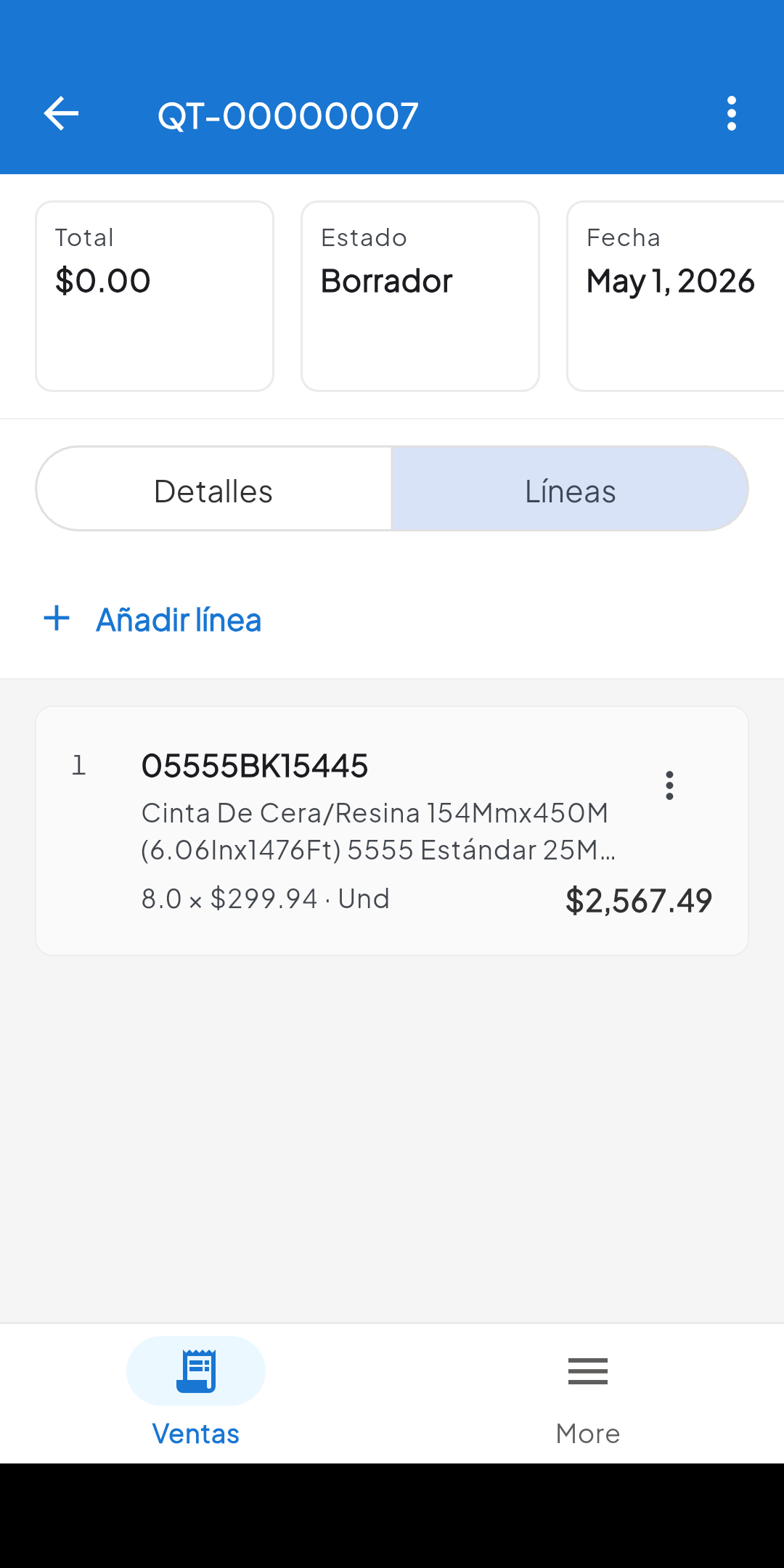Quote with product lines and total in cifraHQ Mobile